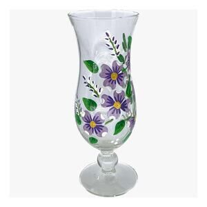 Hand Painted Flower Vase Clear Glass Bud Purple  8" Stem Elegant 2.5" Diameter